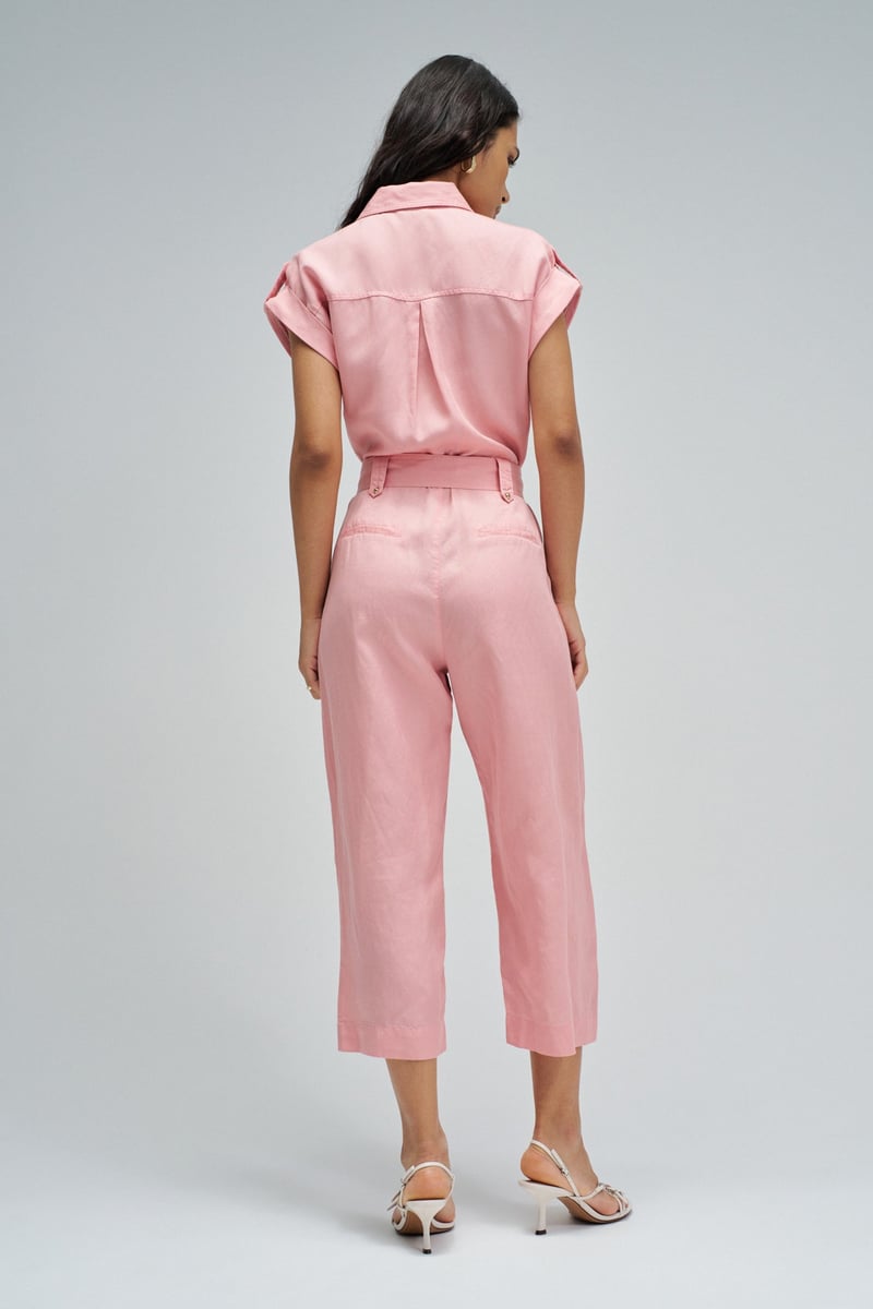 Medium Pink Light Denim Button-Front Belted Jumpsuit