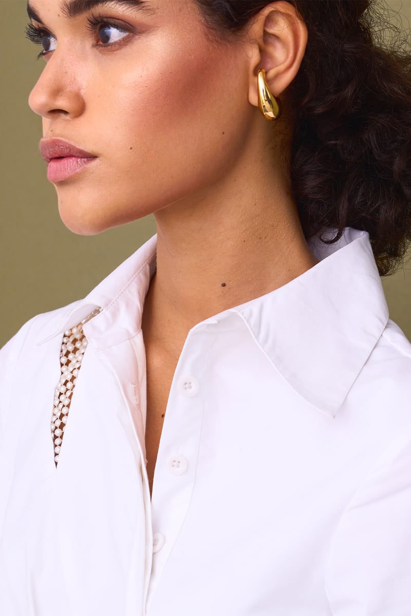 White Asymmetrical Shirt Dress with Pearl Cut-Outs
