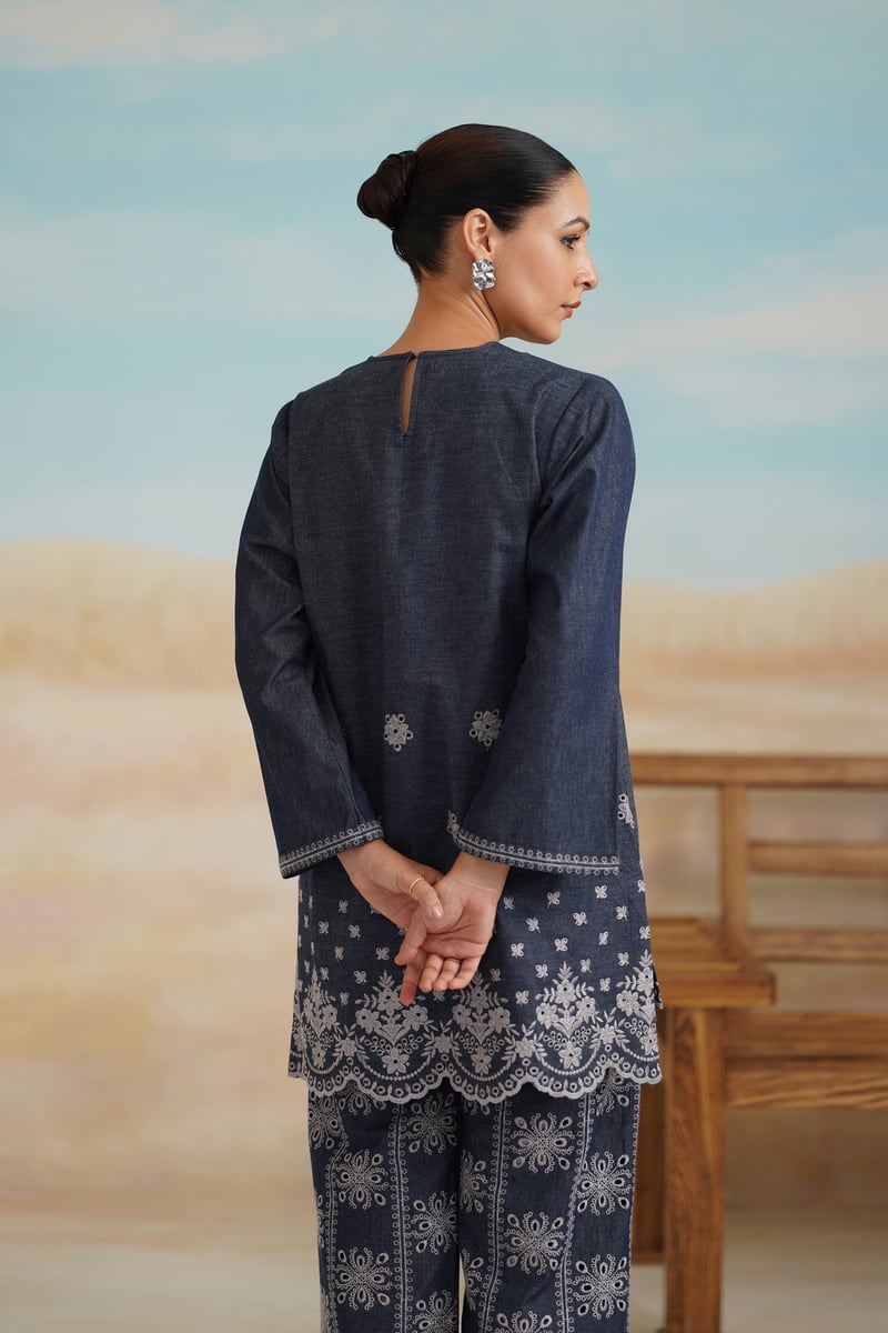 Denim Blue Embroidered Tunic and Wide-Leg Co-ord Set