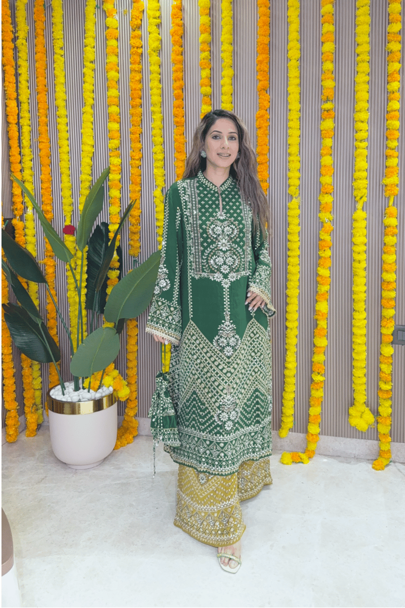 Green and Mustard A-Line Kurta Set with Mirror Work — Surkh Syahi