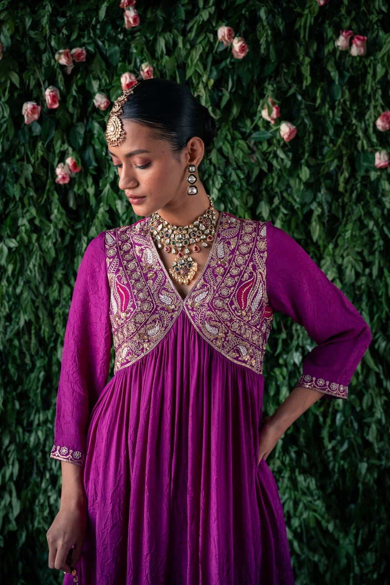 Mauve Crushed Silk Embroidered Yoke Kurta Set
