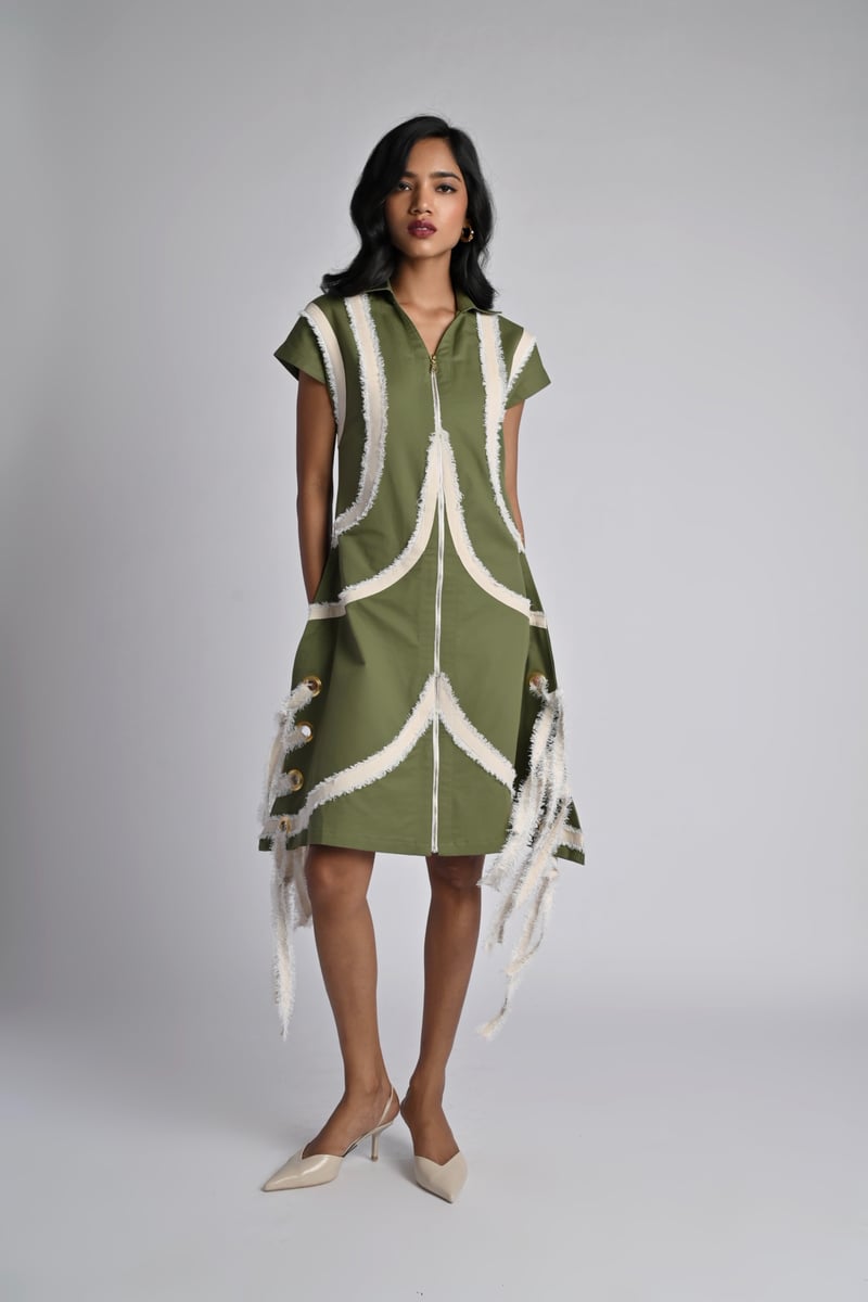 Olive Colorblocked Zip-Front Fringe Dress