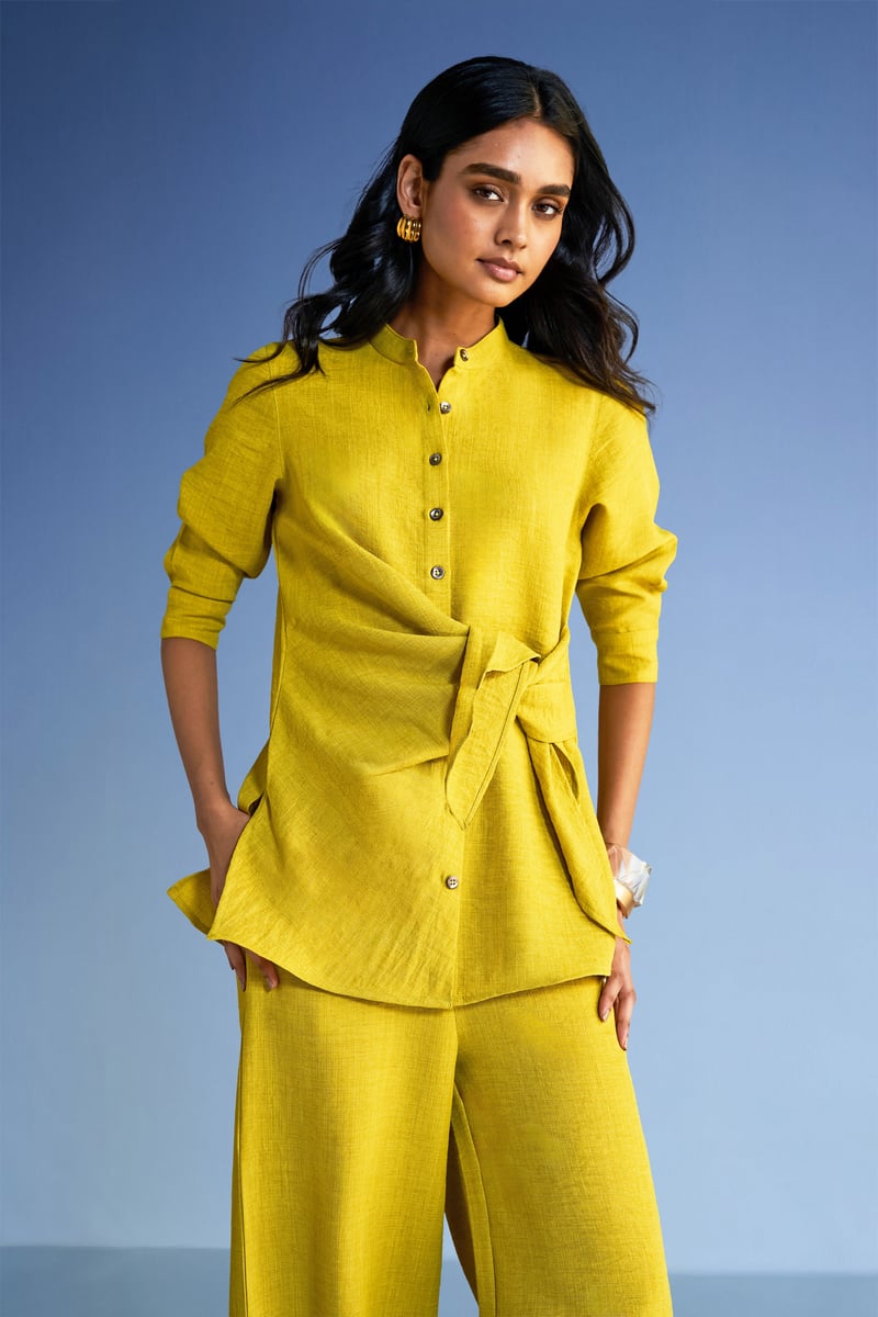 Chartreuse Linen-Blend Side-Tie Button-Down Longline Top