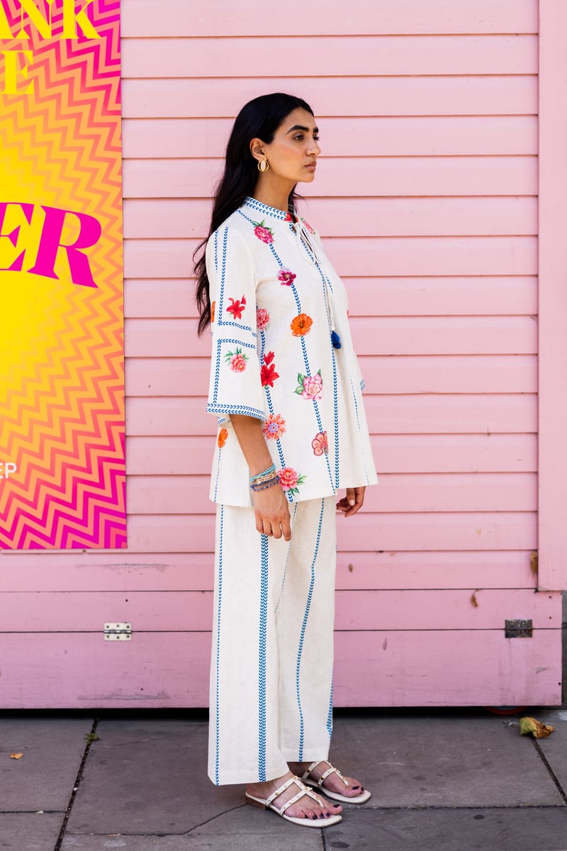 Cream Floral Printed Linen-Cotton Co-ord Set