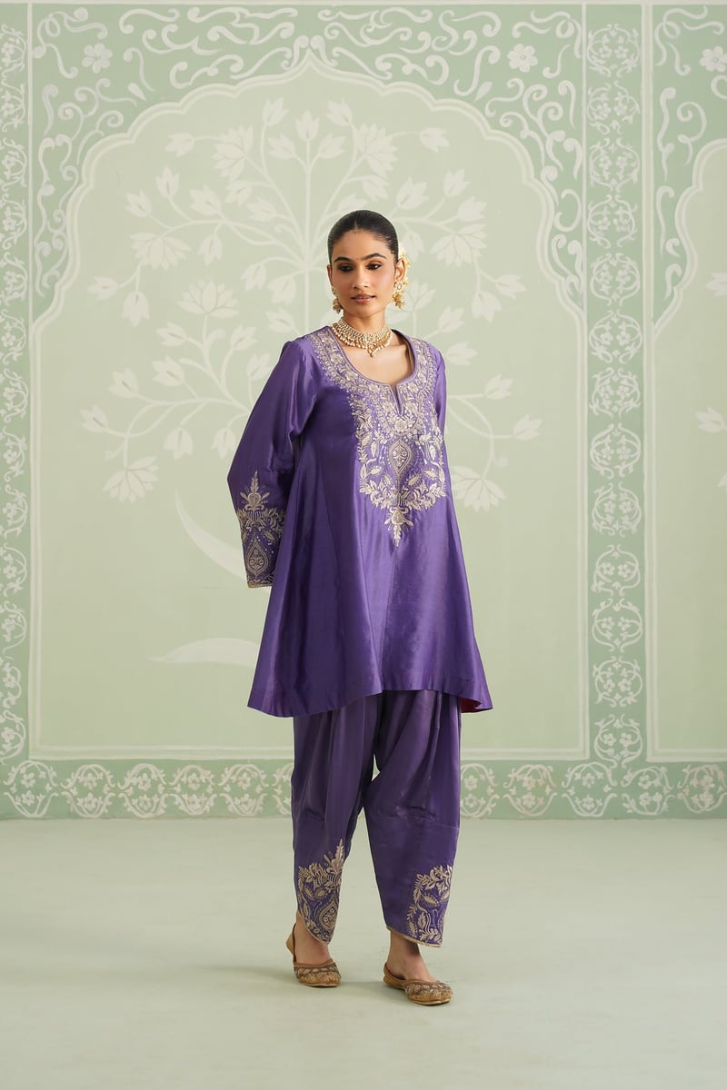 Purple Embroidered Chanderi Kurta Set with Salwar
