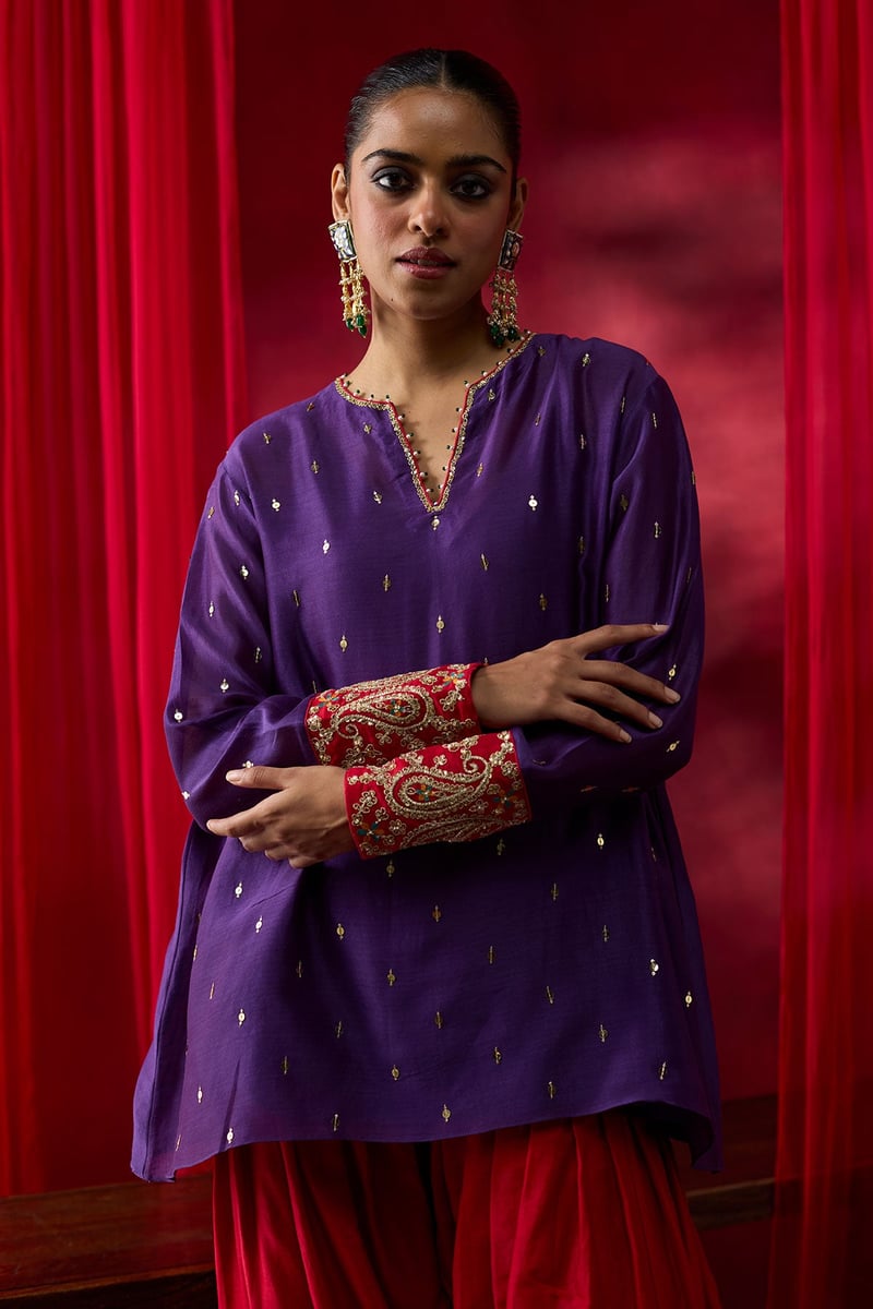 Purple Tunic and Red Salwar Co-ord Set With Embroidered Cuffs