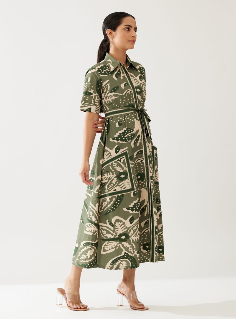 Green And Cream Floral Shirt Dress