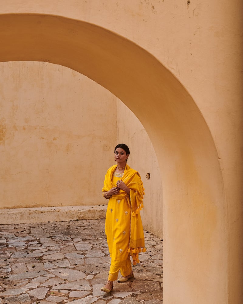 Mustard Bloom Gota Work Chanderi Festive Suit Set