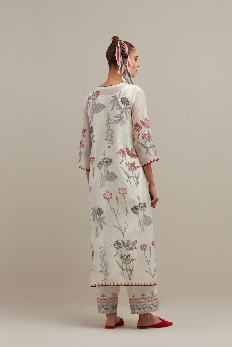 Off White Floral Block Print Cotton Chanderi Kurta Set
