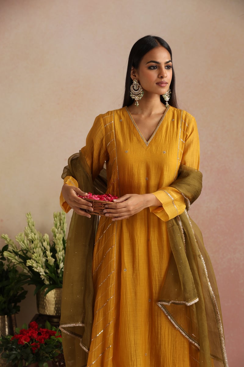 Mustard Yellow Silk Chanderi A-Line Kurta Set