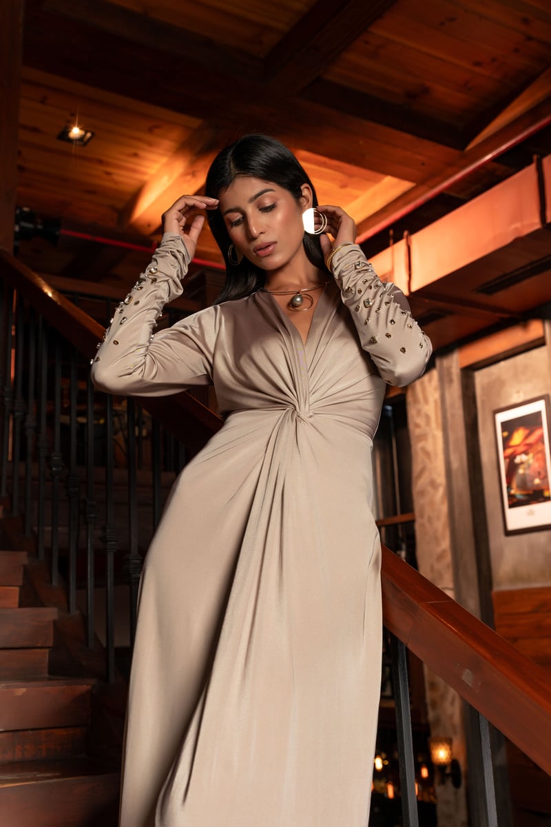 Grey Satin Lycra Maxi Gown with Twist Waist and Slit