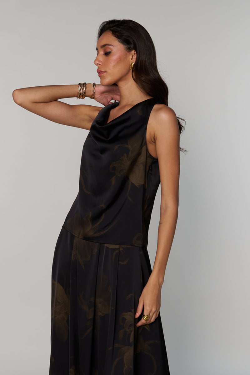 Black Satin Cowl Neck Sleeveless Printed Top