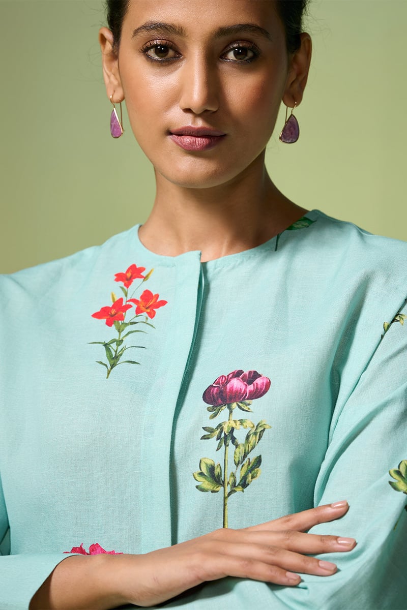 Fresh Blue Floral Linen-Cotton Kurta Set with Pants