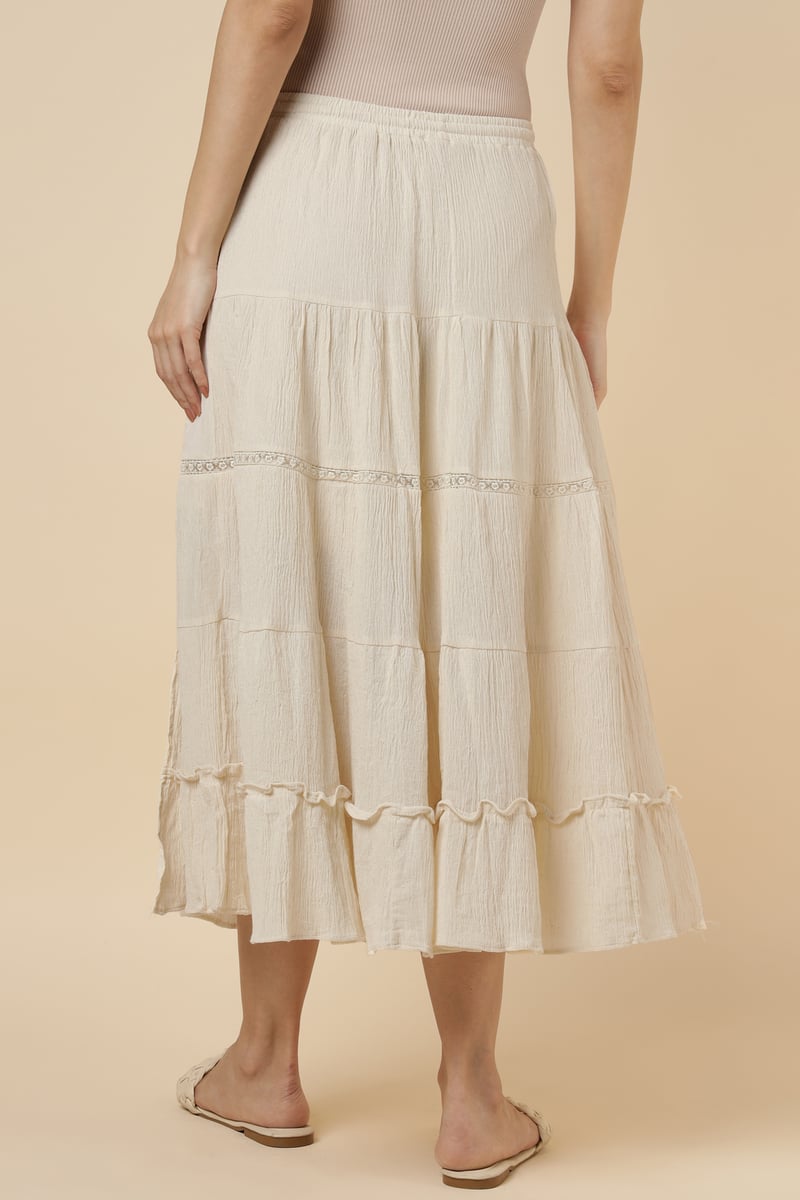 Natural Tiered Midi Skirt with Drawstring Waist