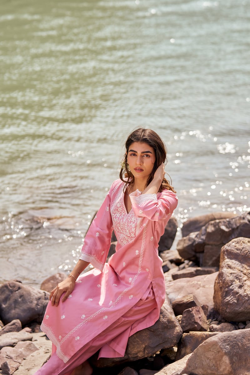 Pink Pure Cotton Embroidered Kurta Set with Dupatta