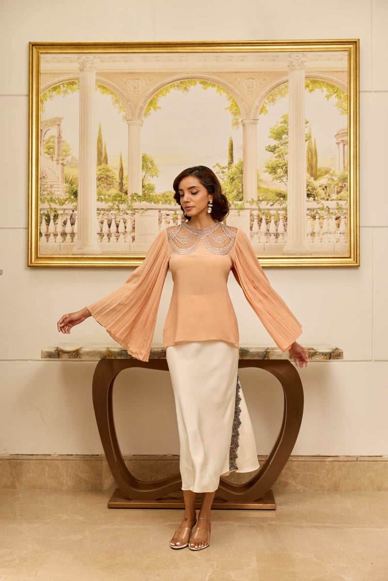 Grace Salmon Peach And Silver French Lace Crepe Top