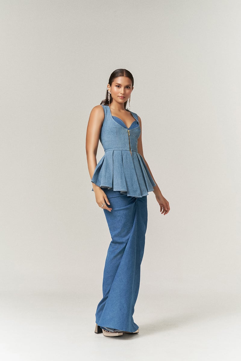 Blue Denim Bustier and Asymmetrical Maxi Skirt 3-Piece Set