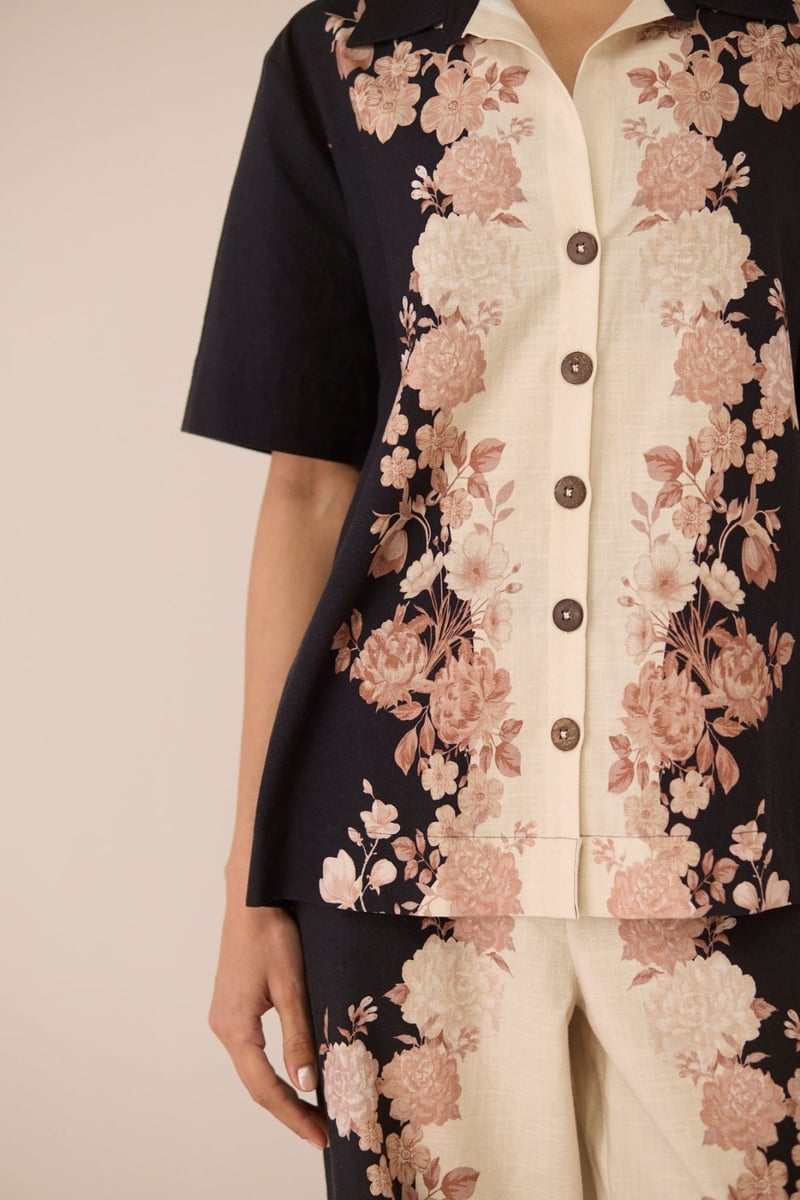 Noir Botanical Cotton Floral Placement Print Shirt