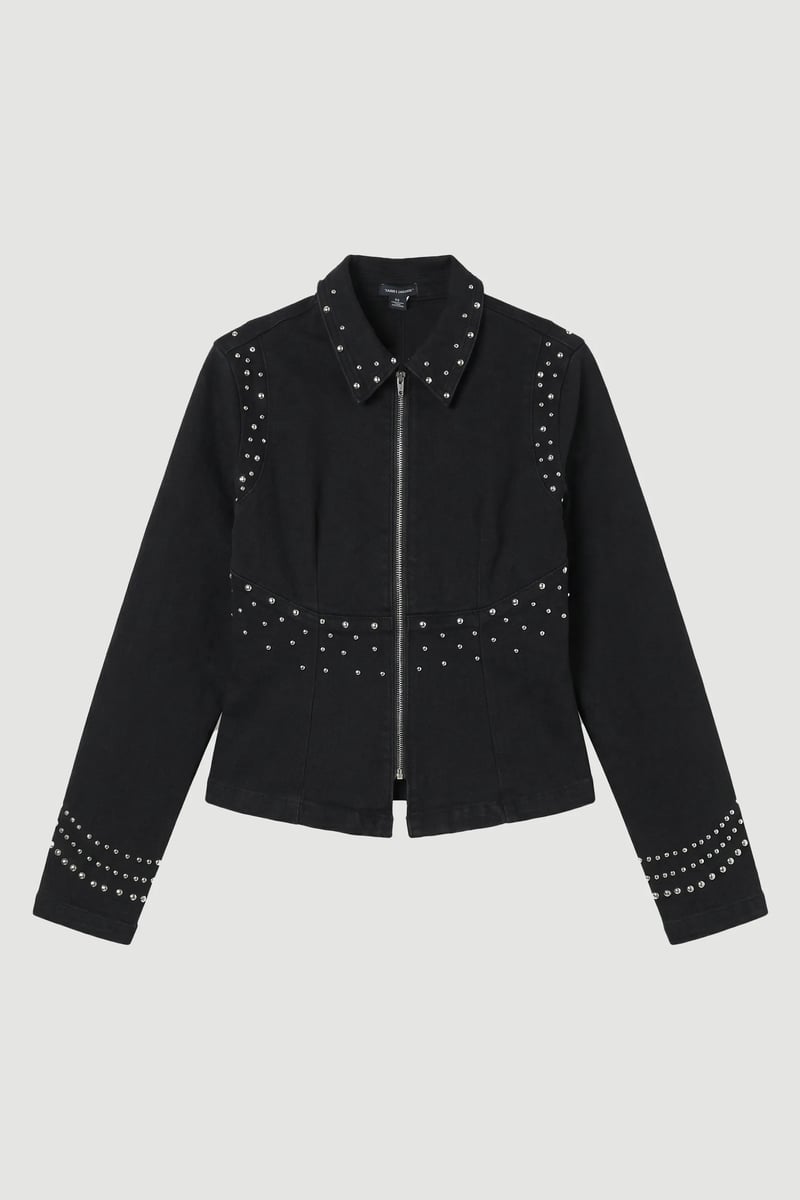 Black Studded Zip-Up Collared Jacket