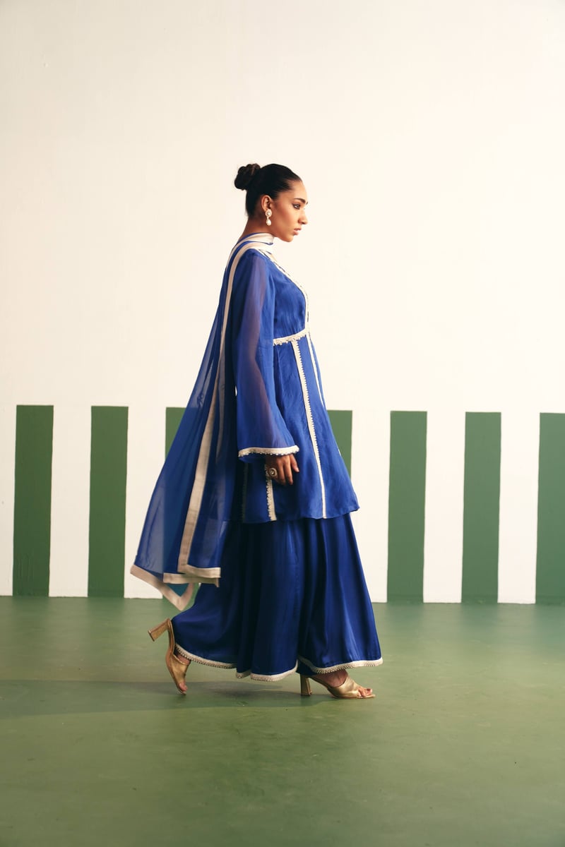 Cobalt Blue Embroidered Peplum Kurta Sharara Set