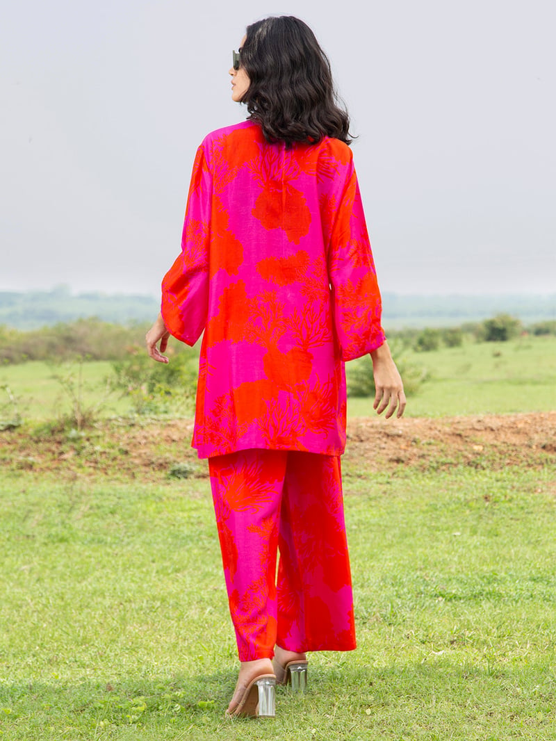 Pink Abstract Printed Tunic and Wide-Leg Pants Co-ord Set