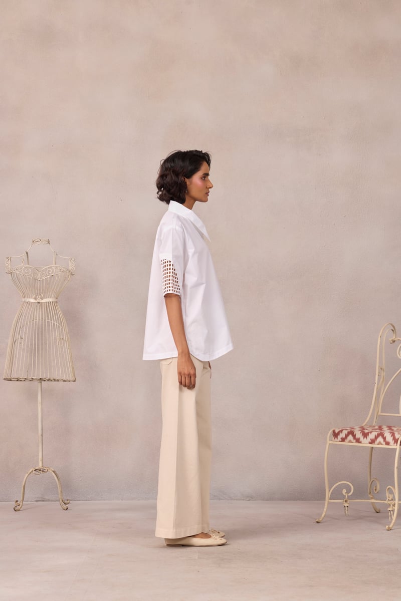 Bright White Poplin Shirt with Geometric Sleeve Cutwork