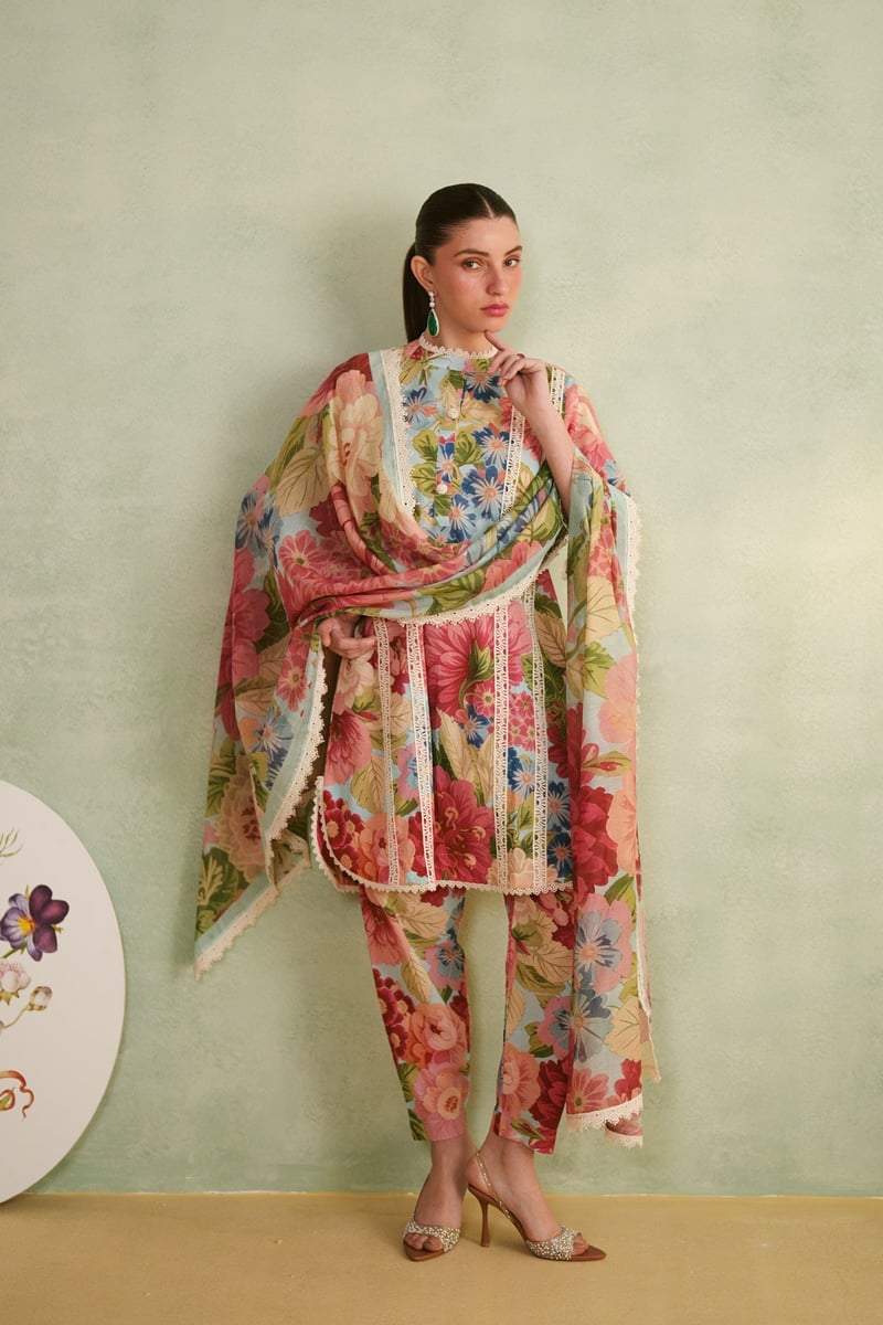 Multicolor Floral Cotton Lawn Suit Set With Lace Trim