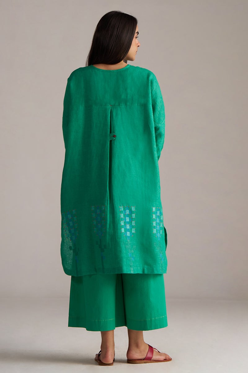 Simply Green Linen Kurta and Wide-Leg Pants Co-ord Set