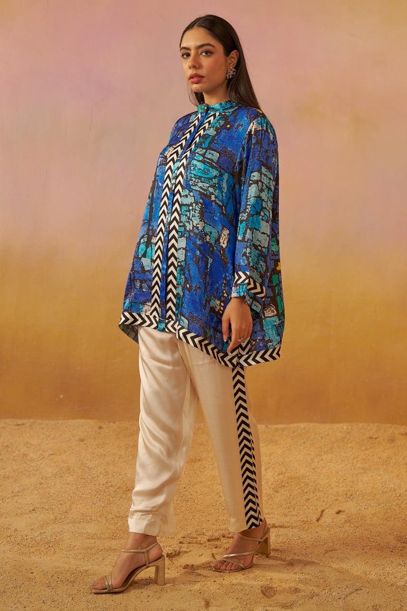 Blue Abstract Print Tunic and Pants Co-ord Set