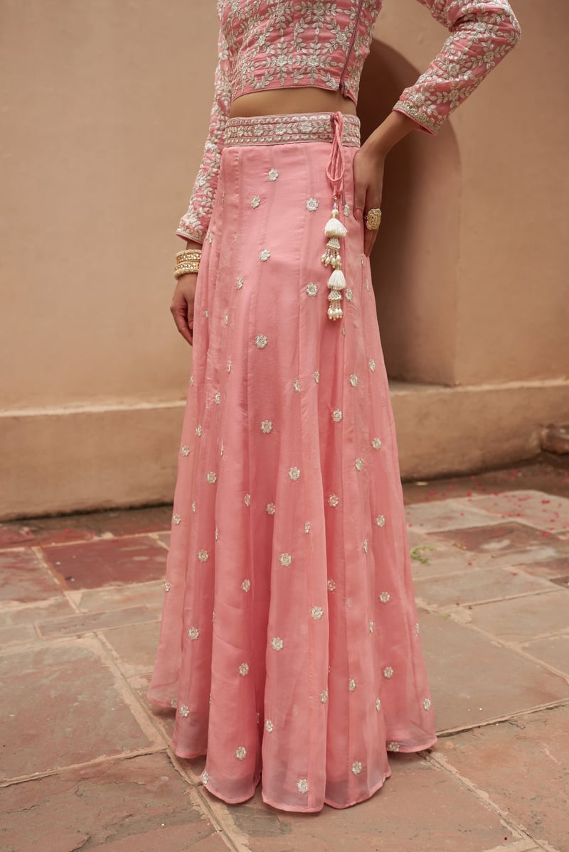 Pink Organza Embroidered Lehenga Set with Dupatta