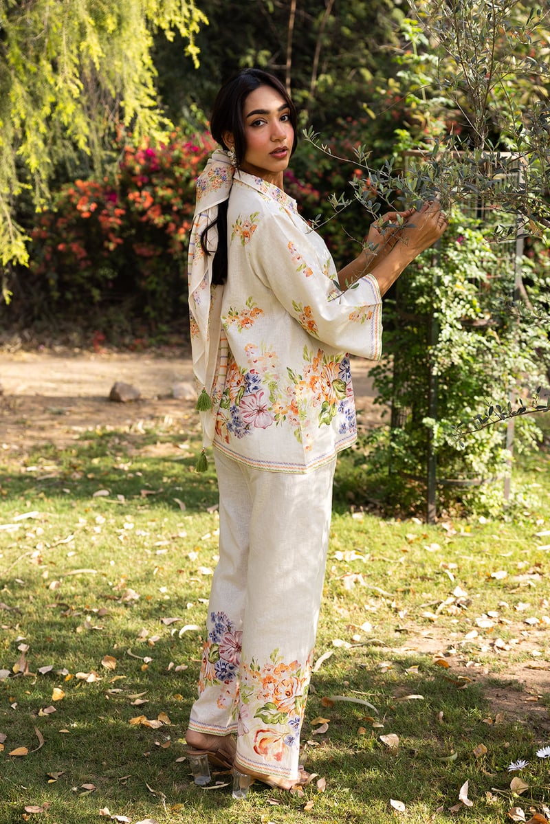 Cream Linen Floral Shirt and Trouser Co-ord Set