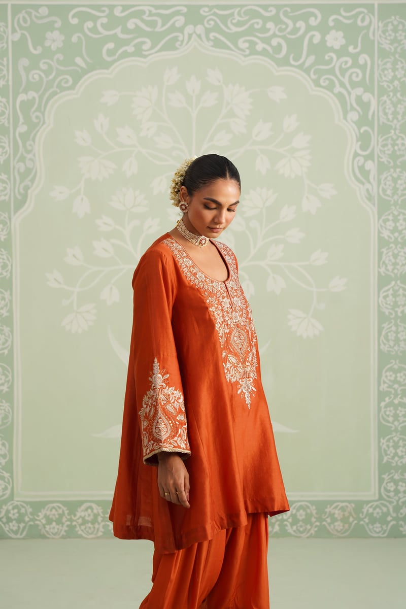 Orange Embroidered Chanderi Kurta Set with Salwar