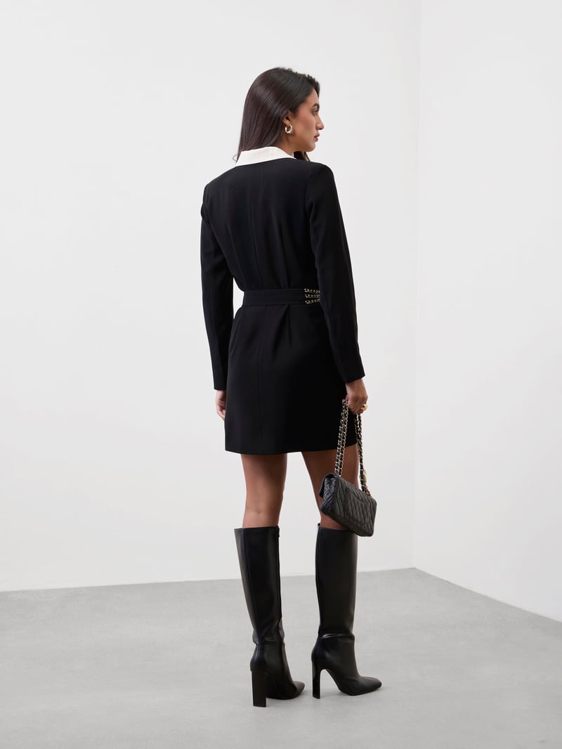 Black and White Colorblock Blazer Mini Dress with Chain Belt
