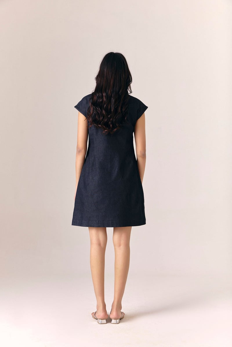 Black Denim Knee-Length A-Line Dress with Pearl Detail