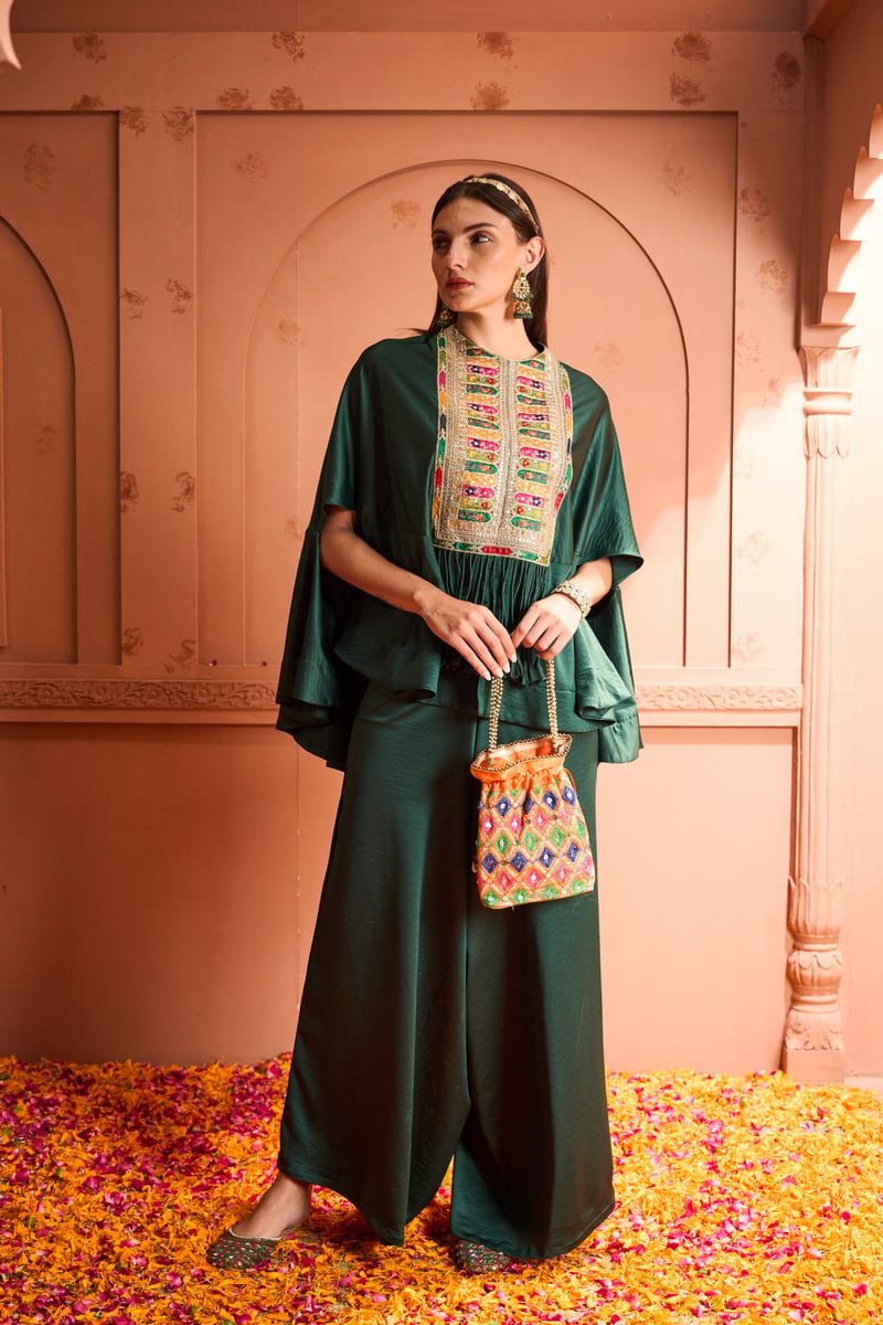 Emerald Green Kaftan Top and Flared Pants Co-ord Set — TASUVURE