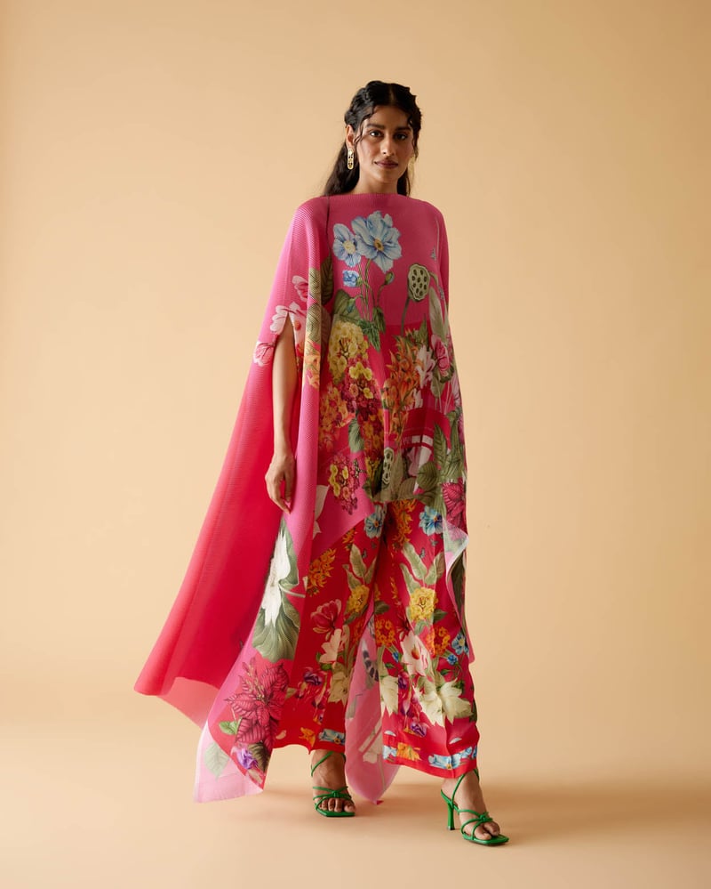 Fuschia/Magenta Pleated Satin Floral Print Cape