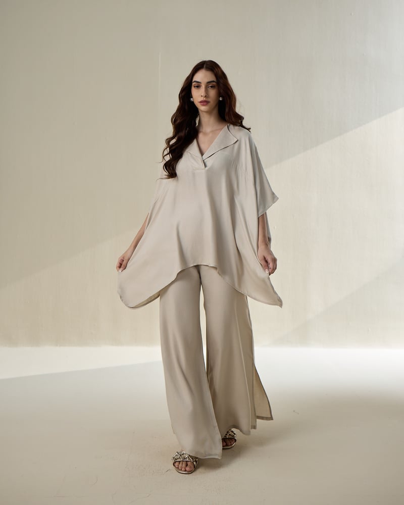 Taupe Draped Poncho Top and Bell Bottom Co-ord Set