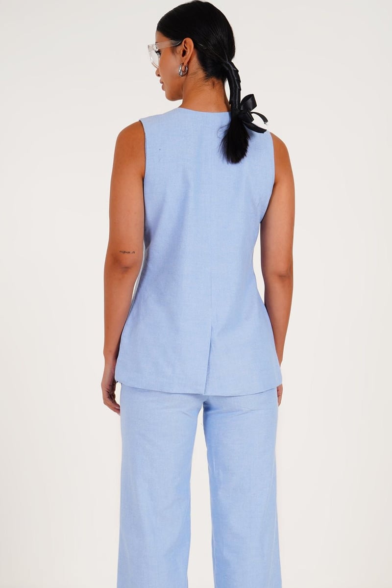 Blue Chambray Asymmetric Sleeveless Top Coat