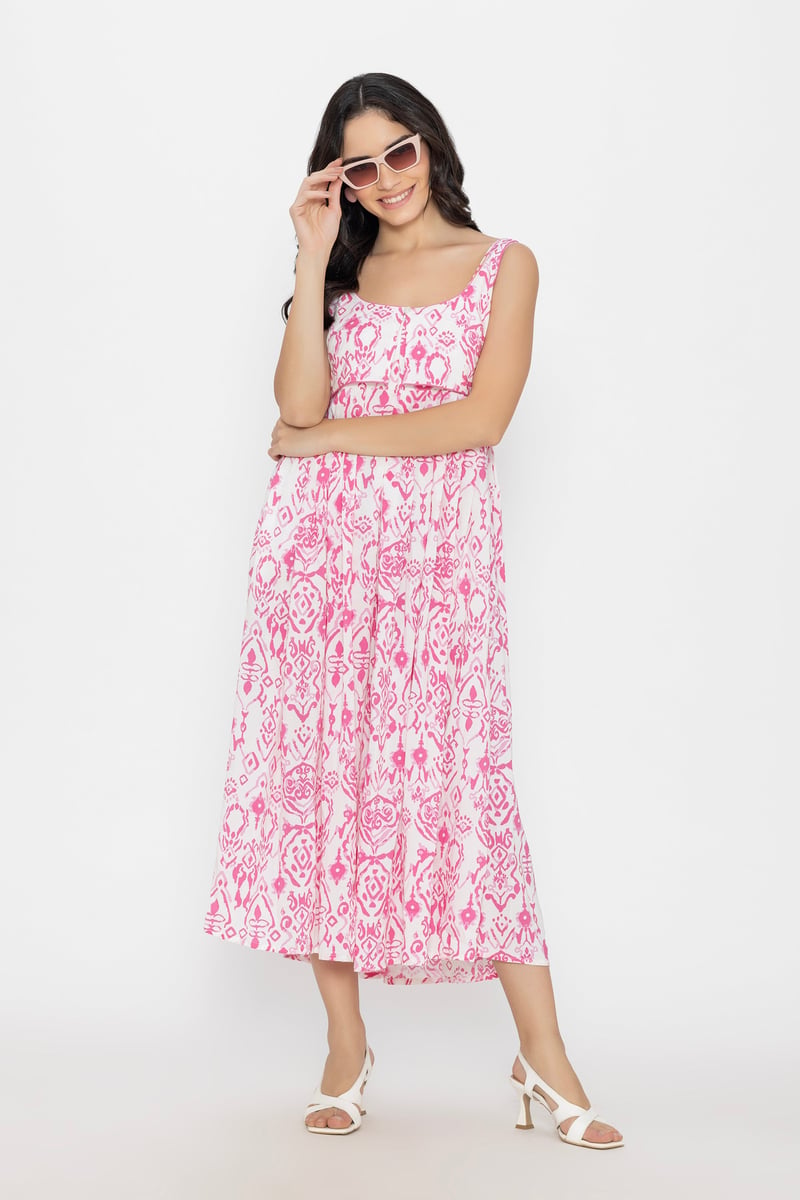 Pink Printed Fit and Flare Midi Dress