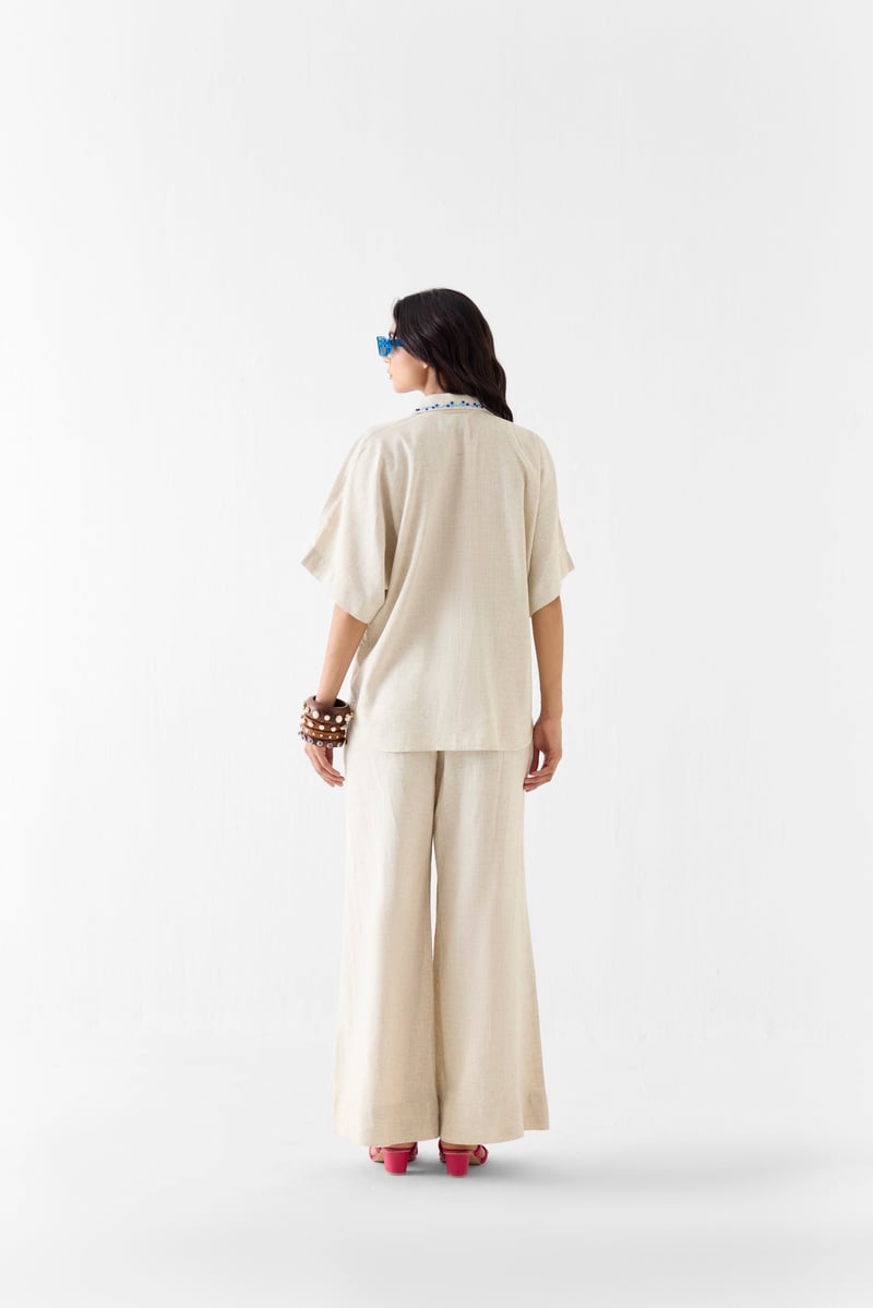 Cream Viscose Linen Shirt and Wide-Leg Trousers Co-ord Set