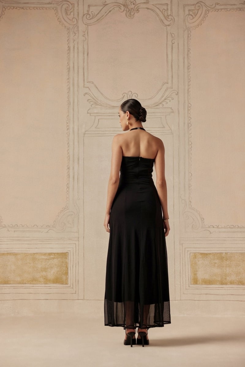 Black Halter Neck Ruched Maxi Dress with Metallic Accent