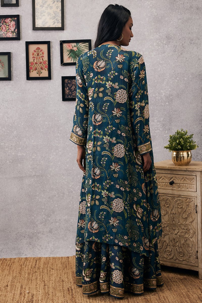 Green Floral Print Lehenga Set with Long Jacket