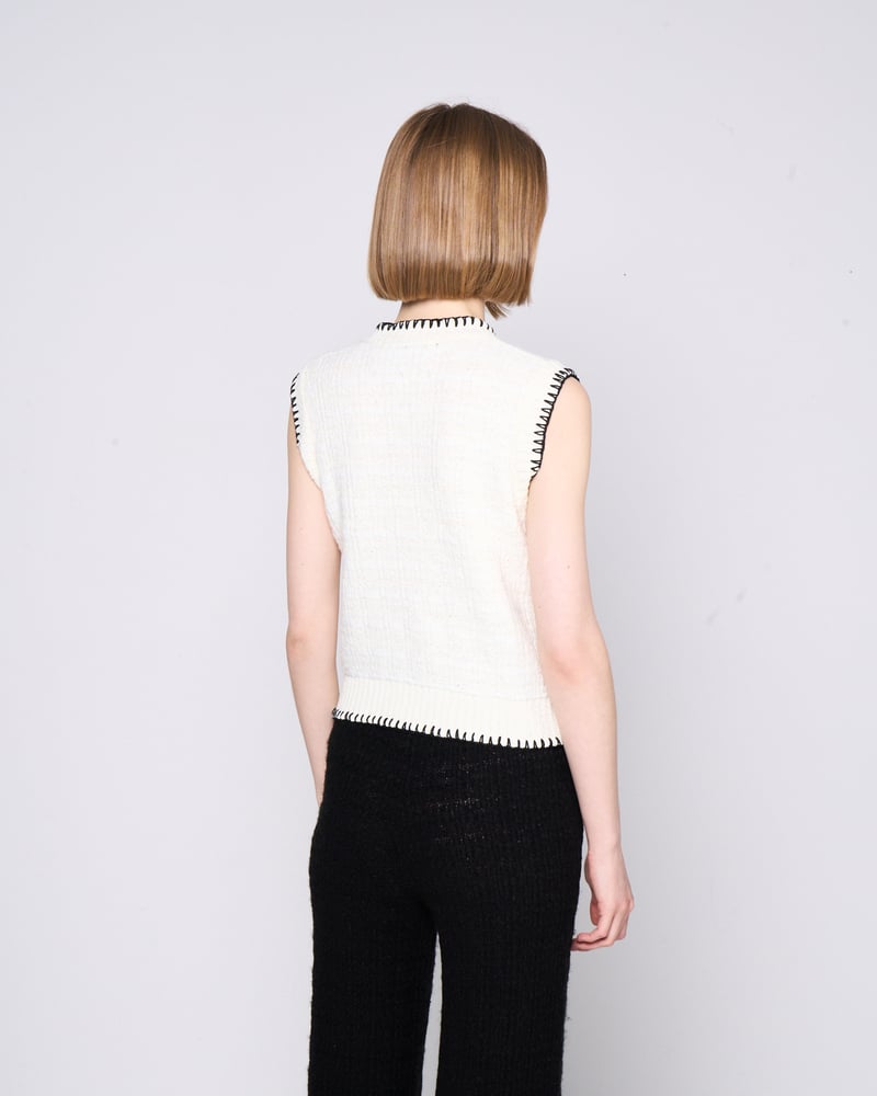 Milk White Sleeveless Knit Top with Black Contrast Trim