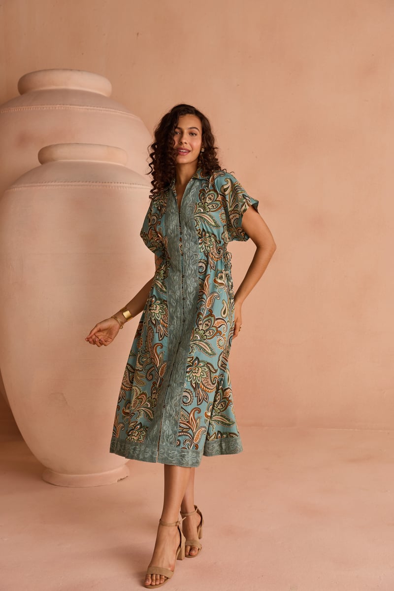 Blue Paisley Print Midi Shirt Dress with Waist Ties