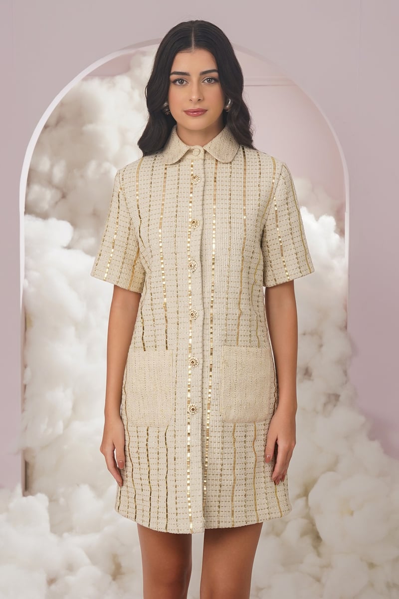 White Textured Mini Shirt Dress with Gold Button Details — Chöjé