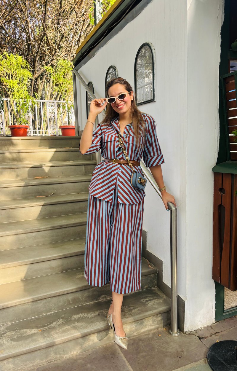 Multicolor Striped Cotton Shirt and Culottes Co-ord Set
