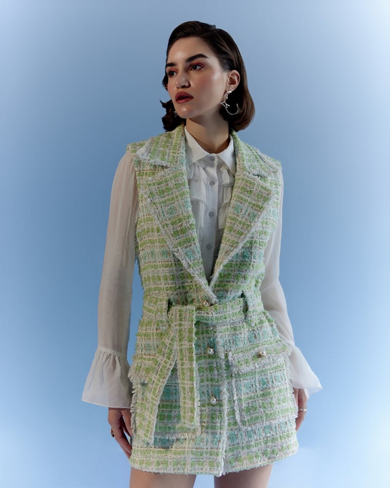 Pastel Green Checked Tweed Belted Sleeveless Jacket
