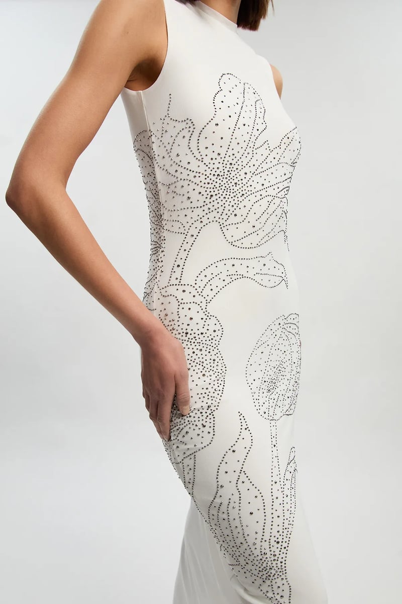 White Rhinestone Floral Bodycon Midi Dress with Slit