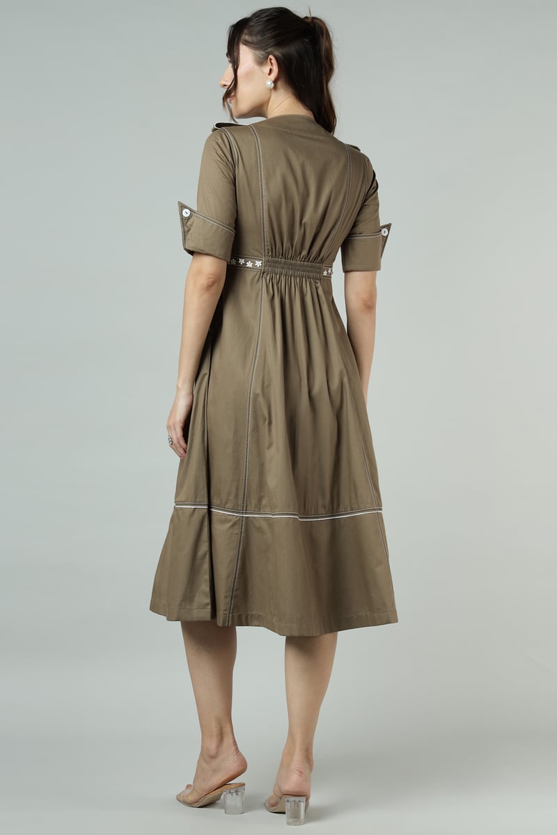 Mushroom Denim Fit and Flare Midi Dress with Front Zip