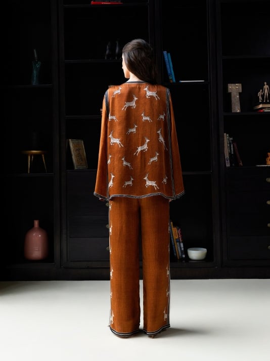 Tan Cupro Satin Printed Zip-Front Co-ord Set
